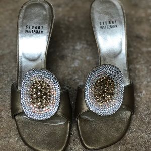 Stuart Weitzman Leather Slides Gold & Metalilic